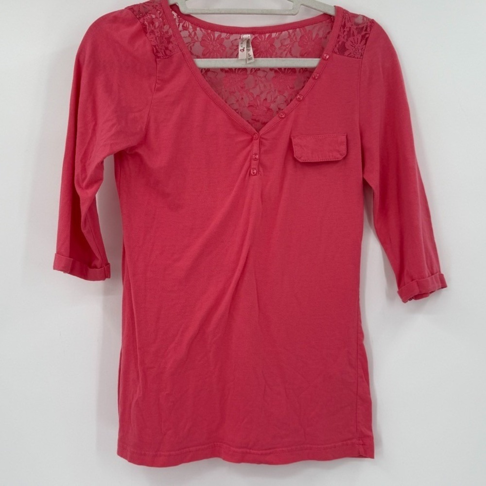 Womens Y2K Henley Top Size Large Pink 3/4 Sleeve Lace Preppy Layering Bodycon